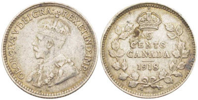 Канада 5 центов 1918 Георг V (1910-1936) KM 22 серебро 211-417