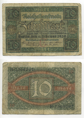 ГЕРМАНИЯ 10 МАРОК 1920 6 ФЕВРАЛЯ 1920, БУКВА C, СЕРИЯ H, СЕМЬ ЦИФР В НОМЕРЕ СЕРИИ Pick 67a, Rosenberg 63а бумага 6317-2-3