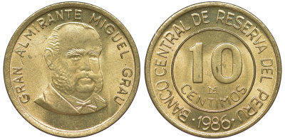 Перу 10 сентимо 1986 Мигель Грау Семинарио KM 293 латунь aUNC 4189-722