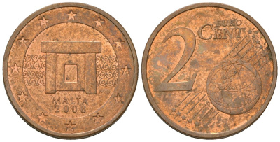 Мальта 2 евроцента 2008 F KM 126 сталь плакированная медью 4548-355