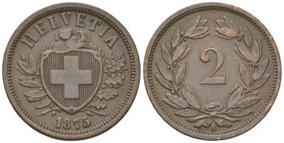 Швейцария 2 раппена 1875 B KM 4 бронза 4547-1033