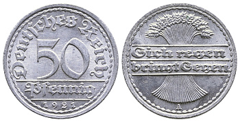 Германия 50 пфеннигов 1921 A KM 27, J.301, Weege 10 алюминий 4380-821