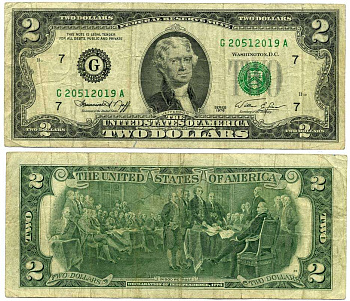 США 2 ДОЛЛАРА 1976 БУКВА G, БЛОК 7, ДЖЕФФЕРСОН, ШТАТ ИЛЛИНОИС, ЧИКАГО Pick 461 бумага 6262-30-1-2