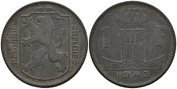 Бельгия 1 франк 1943 Belgique - Belgie, Леопольд III (1934-1947), германская оккупация, Вторая мировая война KM 127 цинк 4161-534