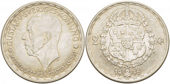 Швеция 2 кроны 1946 TS, Густав V (1907-1950) KM 815 серебро aUNC 3457-135