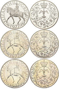 Великобритания набор из 3 монет по 25 пенсов 1977 25 лет со дня коронации Елизаветы, Елизавета II (1952-2022) KM 894 и 920a, Spink 4136 и 4227 медно-никель, серебро PROOF, UNC, UNC 7-5-1-14