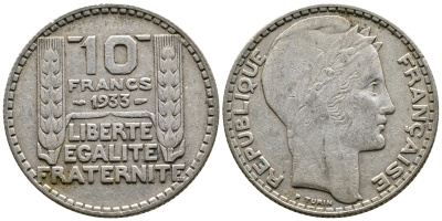 Франция 10 франков 1933 Пьер Тюрен KM 878, Le Franc 360.6 серебро 63-857