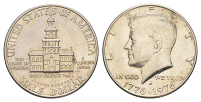 США 1/2 доллара (50 центов) 1976 D, 200 лет независимости, Джон Кеннеди KM 205 медь плакированная медно-никелем aUNC 4565-345