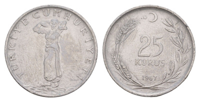 Турция 25 курушей 1967 KM 892.3 нержавеющая сталь 4654-346
