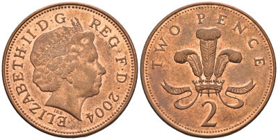 Великобритания 2 пенса 2004 Елизавета II (1952-2022) KM 987, Spink 4690 (C5) сталь плакированная медью 177-751