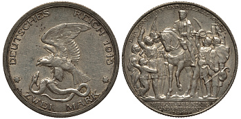 Пруссия 2 марки 1913 A, Вильгельм II (1888-1918), 100 лет победы над Наполеоном J.109, Weege 109, KM 532 серебро 3711-931