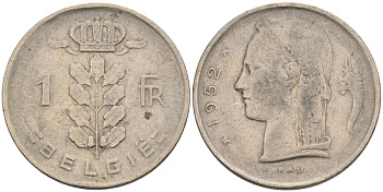 Бельгия 1 франк 1952 Belgie, Бодуэн I (1951-1993) KM 143.1 медно-никель 73-347