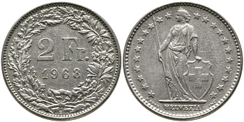 ШВЕЙЦАРИЯ 2 ФРАНКА 1968 В KM 21а.1 медно-никель 4538-133