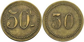 Франция 50 сантимов XIX-XX век ресторанный жетон латунь 4166-1234