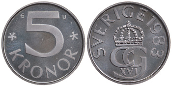 Швеция 5 крон 1983 U, Карл XVI Густав (1973- ) KM 853 медно-никель PROOFLIKE 59-242