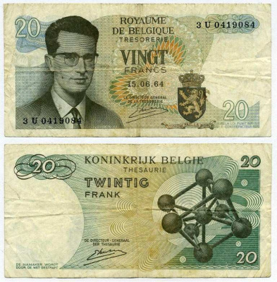 Бельгия 20 франков 1964 Бодуэн I, атомиум, Kestens Pick 138 (3) бумага 7221-53-3-1