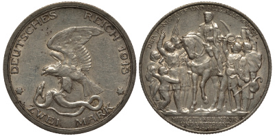 Пруссия 2 марки 1913 A, Вильгельм II (1888-1918), 100 лет победы над Наполеоном J.109, Weege 109, KM 532 серебро 3711-931