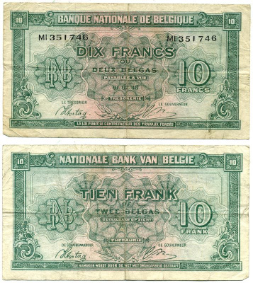 Бельгия 10 франков 1944 01 февраля 1943, король в изгнании Pick 122   бумага   435-30-2-2