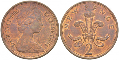 Великобритания 2 пенса 1980 Елизавета II (1952-2022) KM 916, Spink 4235 (C1) бронза UNC 77-146