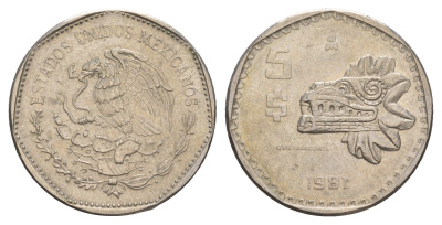 Мексика 5 песо 1981 Мо, бог Кетцалькоатцаль (пернатый змей) KM 485 медно-никель 4656-1231