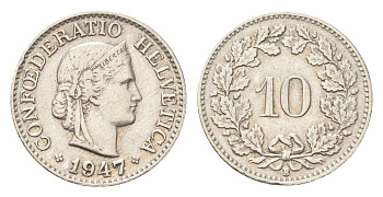 Швейцария 10 раппенов 1947 B KM 27 медно-никель 4708-162