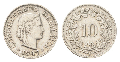 Швейцария 10 раппенов 1947 B KM 27 медно-никель 4708-162