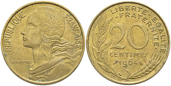 ФРАНЦИЯ 20 САНТИМОВ 1964 ТИП MARIANNE KM 930, LE FRANC 156.4 алюминиевая бронза 175-823