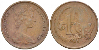 АВСТРАЛИЯ 1 ЦЕНТ 1966 ЕЛИЗАВЕТА II, МОЛОДОЙ ПОРТРЕТ, ОПОССУМ КМ 62 бронза 4532-514