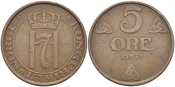 НОРВЕГИЯ 5 ЭРЕ 1930 ХОКОН VII (1905-1957) KM 368 бронза 115-812