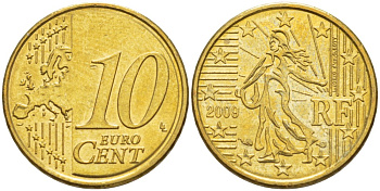Франция 10 евроцентов 2009 KM 1410 латунь 216-1154