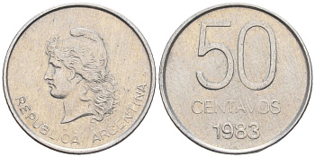 Аргентина 50 сентаво 1983 голова свободы влево KM 90, Schon 90, CJ 367 алюминий    60-1036