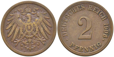 ГЕРМАНИЯ 2 ПФЕННИГА 1906 A KM 16, J. 11, Weege 4 медь 206-524