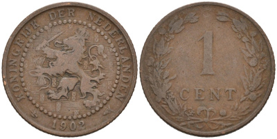 Нидерланды 1 цент 1902 Вильгельмина (1890-1948) KM 132 бронза 4576-651