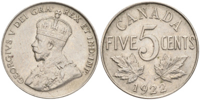 Канада 5 центов 1922 Георг V (1910-1936) KM 29 никель aUNC 4556-1023