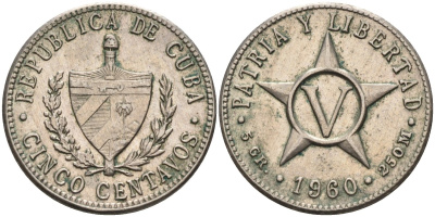 Куба 5 сентаво 1960 звезда, республика (1915-1961) KM 11.3 медно-никель 175-1045