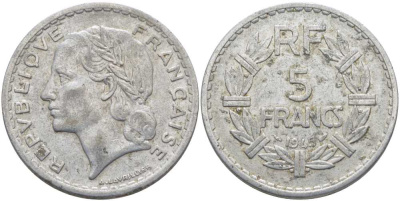 ФРАНЦИЯ 5 ФРАНКОВ 1945 9 ОТКРЫТАЯ KM 888b.1, LE FRANC 339.3 алюминий 111-1124