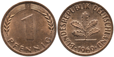 ФРГ 1 пфеннига 1969 G KM 105, J. 380 сталь плакированная медью UNC 99-1255
