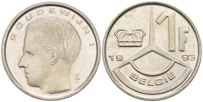 БЕЛЬГИЯ 1 ФРАНК 1993 BELGIE, БОДУЭН I (1951-1993) KM 171 железо плакированное никелем 3851-1143