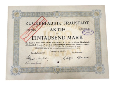 Германия акция на 1000 марок 1921 компании Zuckerfabrik Fraustadt / Фрауштадтский сахарный завод бумага 5555-11