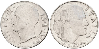 ИТАЛИЯ 20 ЧЕНТЕЗИМО 1941 R, ГОД XIX, ВИКТОР ЭММАНУИЛ III (1900-1946) KM 75b, VEM3. 1028 нержавеющая сталь 3853-723
