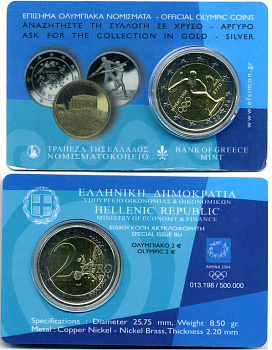 Греция 2 евро 2004 XXVIII летние Олимпийские игры в Афинах 2004 года, дискобол. В ОРИГИНАЛЬНОМ ПЛАСТИКОВОМ БУКЛЕТЕ KM 209 биметалл PROOFLIKE 1-5-2-51