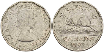Канада 5 центов 1961 Елизавета II (1952-), бобр KM 50а никель 4606-1056