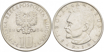 ПОЛЬША 10 ЗЛОТЫХ 1984 MW, БОЛЕСЛАВ ПРУС KM 73 медно-никель 4519-1037