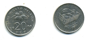 Малайзия 20 сенов 2008 цветок KM 52 медно-никель 3999-642
