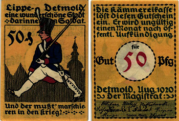 ДЕТМОЛЬД, ЛИППЕ, ГЕРМАНИЯ 50 ПФЕННИГОВ 1920 НОТГЕЛЬД, АВГУСТ 1920, ЗЕМЛЯ СЕВЕРНЫЙ РЕЙН-ВЕСТФАЛИЯ, НОМЕР ЧЁРНЫЙ, БУМАГА ЖЁЛТАЯ, ТЕКСТ СИНИЙ ARNOLD KELLER 268.2b бумага 7523-60-3-2