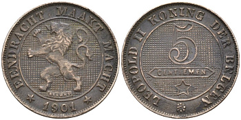 Бельгия 5 сантимов 1901 Belgen KM 45 медно-никель 188-1146