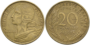 ФРАНЦИЯ 20 САНТИМОВ 1967 ТИП MARIANNE KM 930, LE FRANC 156.7 медь алюминий никель 4573-1036