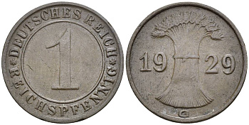 ГЕРМАНИЯ 1 РЕЙХСПФЕННИГ 1929 G KM 37, J. 313, Weege 2 бронза 4547-143