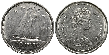 Канада 10 центов 1986 Елизавета II (1952-2022), парусник KM 77.2 никель 4549-415