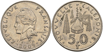 Французская Новая Каледония 50 франков 2009 хижина среди сосен и пальм, (IEOM) KM 13a, Schoen 15a, Lec 128i медно-никель 4111-622